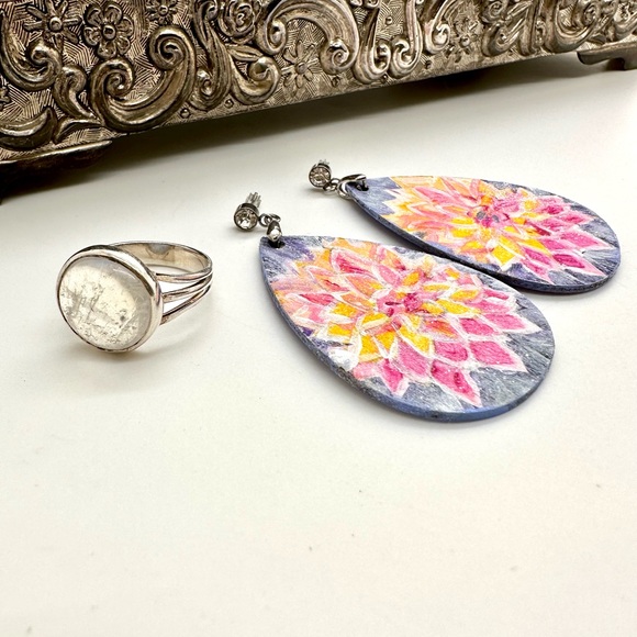 Silver Moonstone Ring & Purple Statement Earrings - Picture 3 of 17